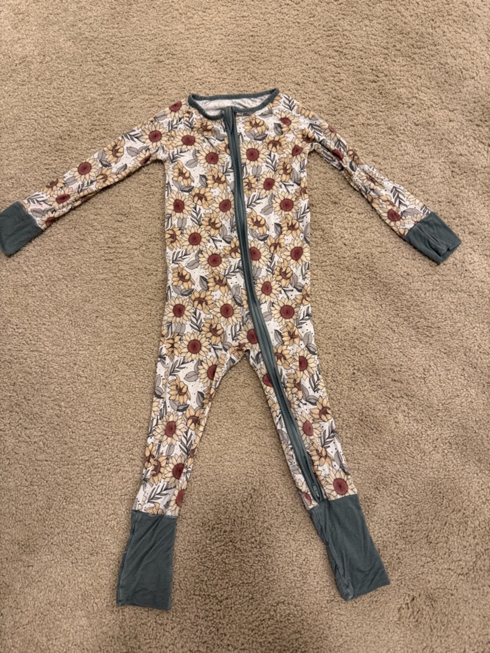 Floral Zip-Front Kids One-Piece Footie in Beige with Rust Flowers